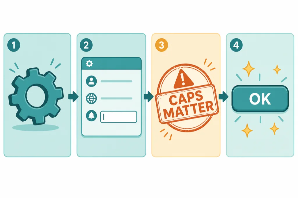 Four-step diagram: gear icon, settings, caps warning, OK