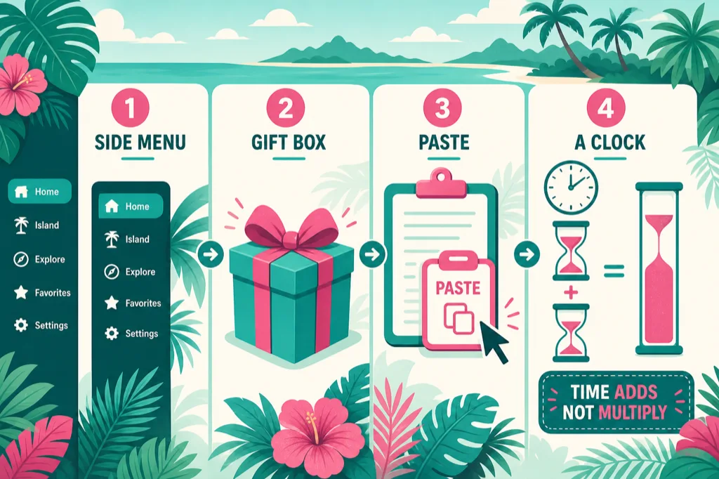 Diagram: Menu, gift box, paste code, timer stack