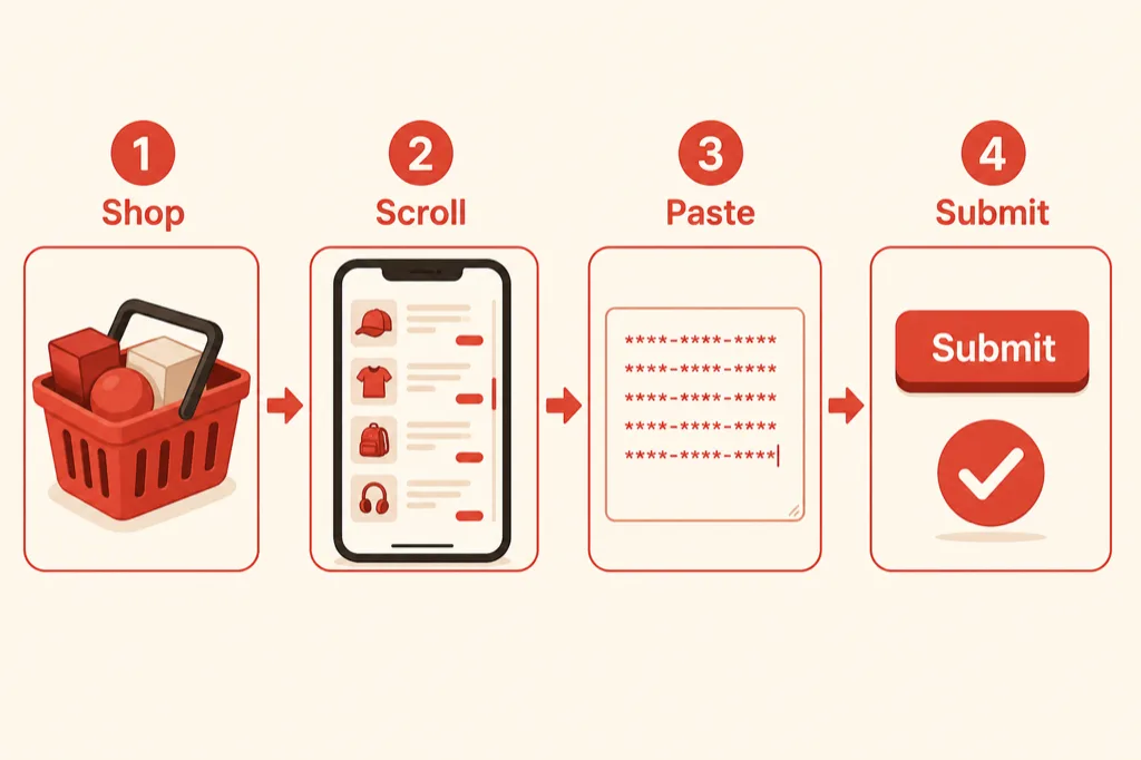 Four-step diagram: open Shop, scroll, paste code, tap Submit