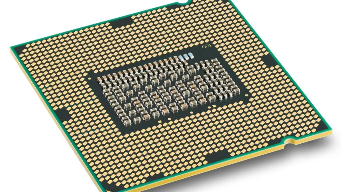 An Intel desktop processor photographed from below, showing its land grid array contact pads