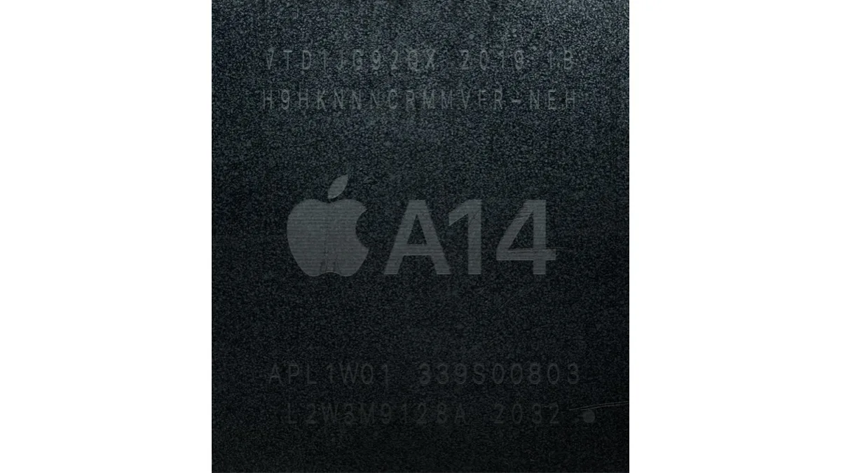 Close-up of an Apple A-series system-on-chip package with the Apple logo and model markings etched into its lid