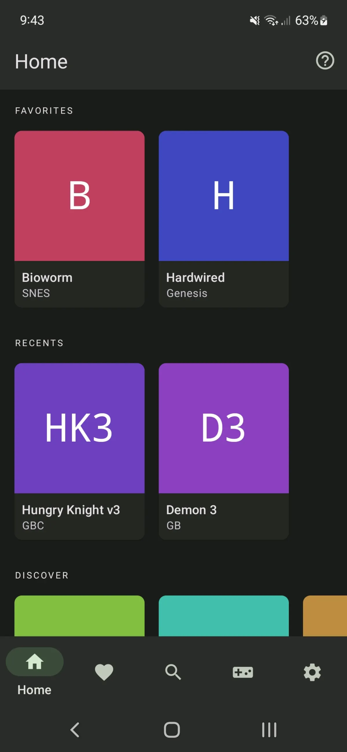 Lemuroid Android home screen with favorites and recents