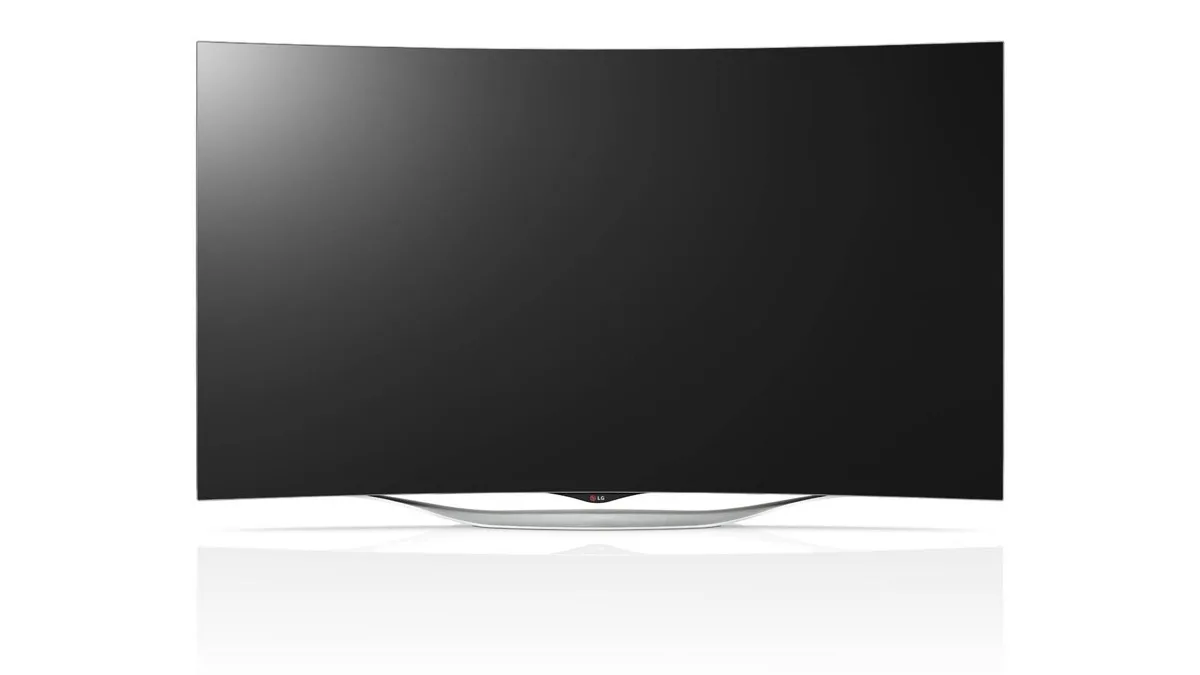 An LG OLED television with a blank dark screen, photographed head-on against a white background