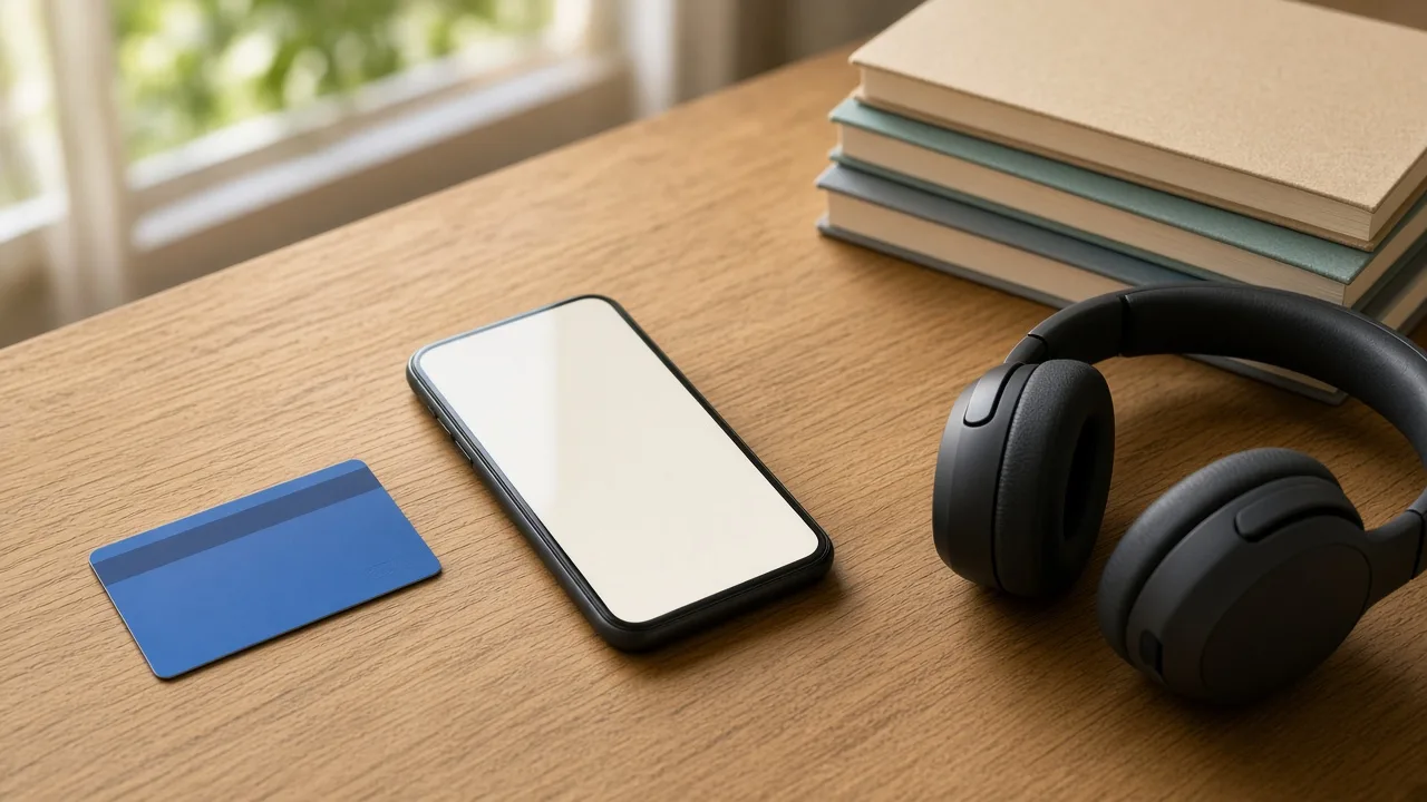 Library card, phone and headphones on a desk beside a stack of books