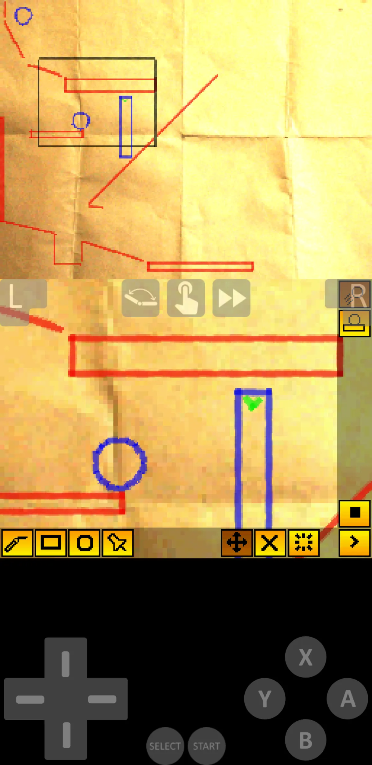 melonDS Android in-game with stacked DS screens and on-screen controls