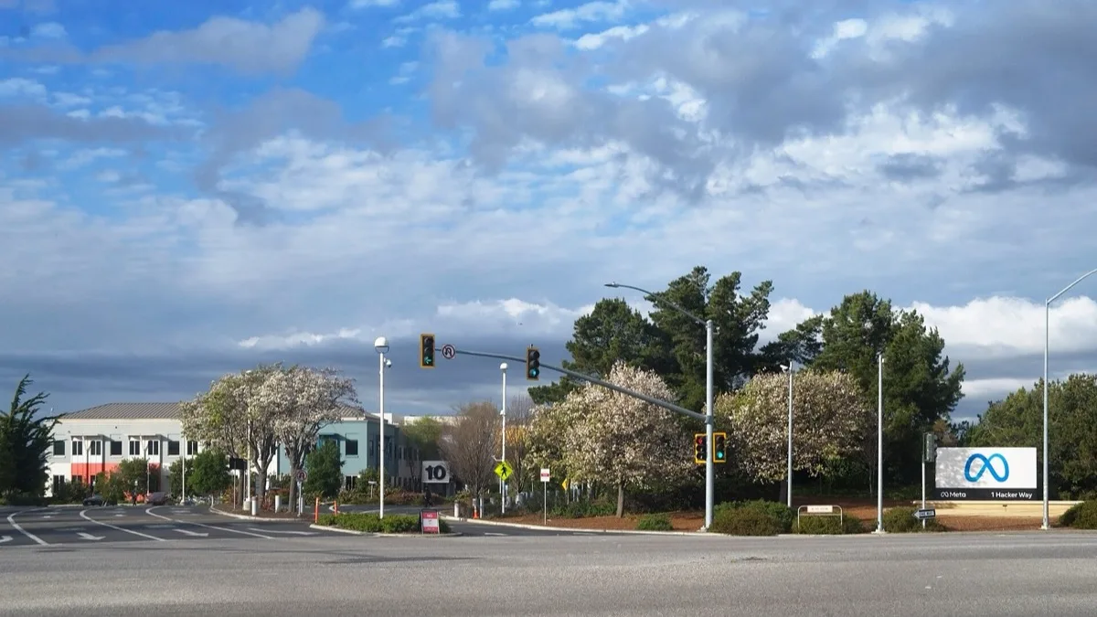 Meta Platforms headquarters sign at 1 Hacker Way in Menlo Park, California