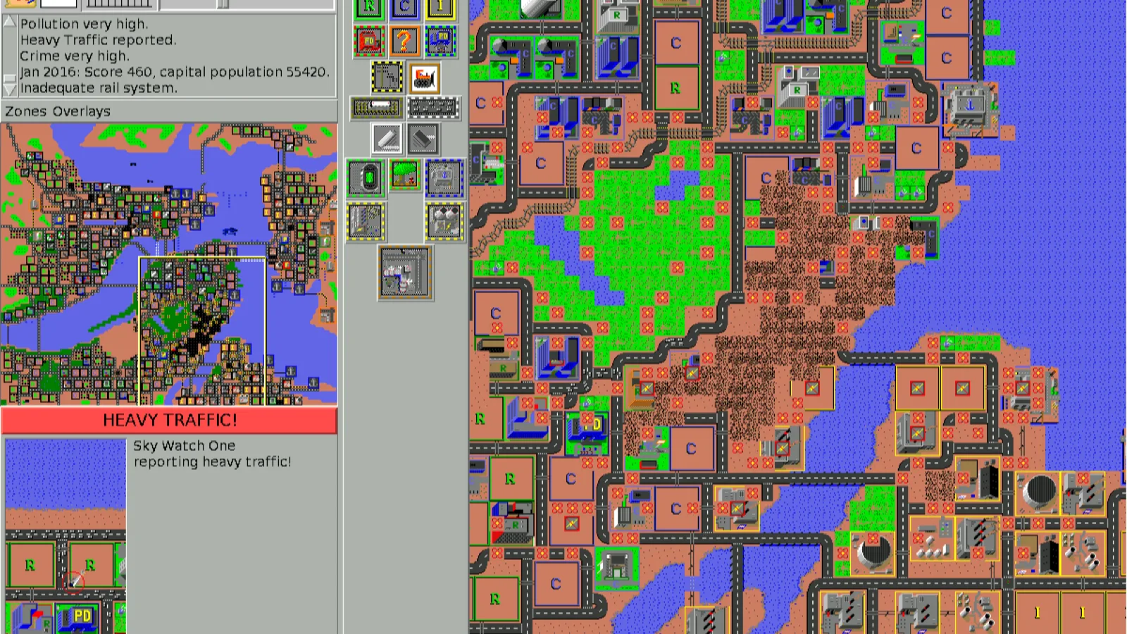 Micropolis, the open-source SimCity, with a dense grid of zones and roads