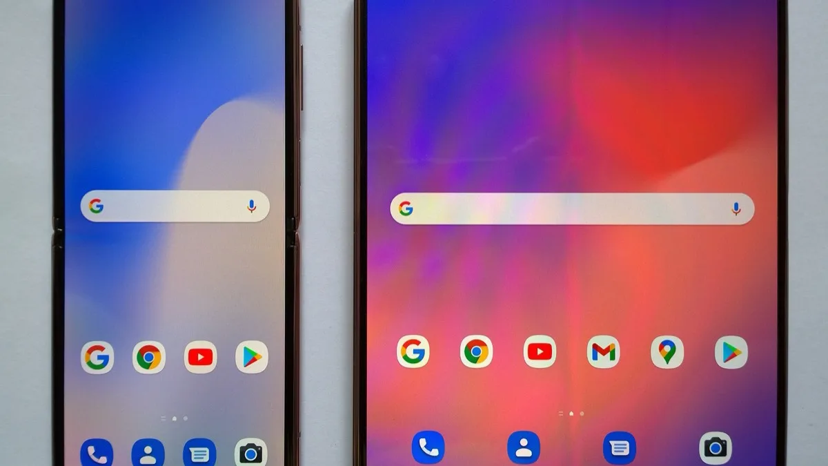 An Android foldable phone shown beside its unfolded inner display, both running an Android home screen
