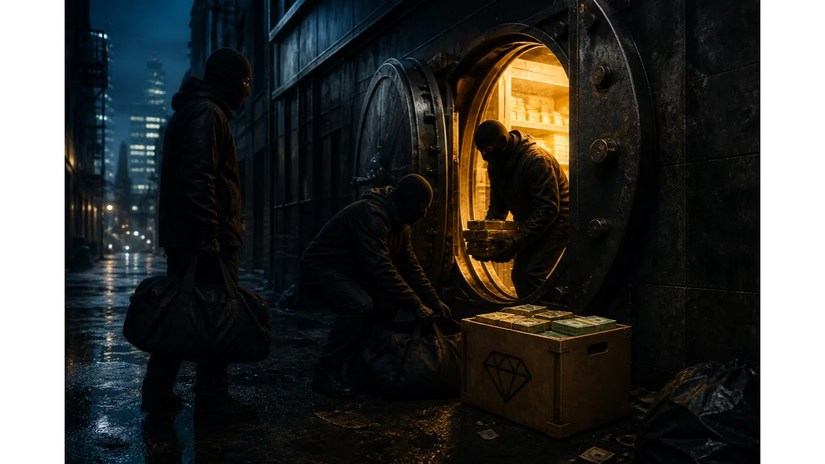 Original illustration of a night vault and heist crew for a Notoriety codes guide