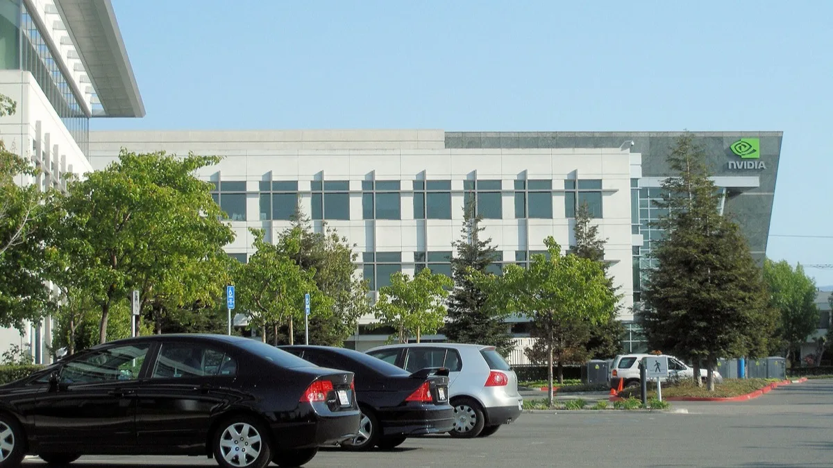 Nvidia's headquarters building in Santa Clara, California, with the company logo mounted on the facade