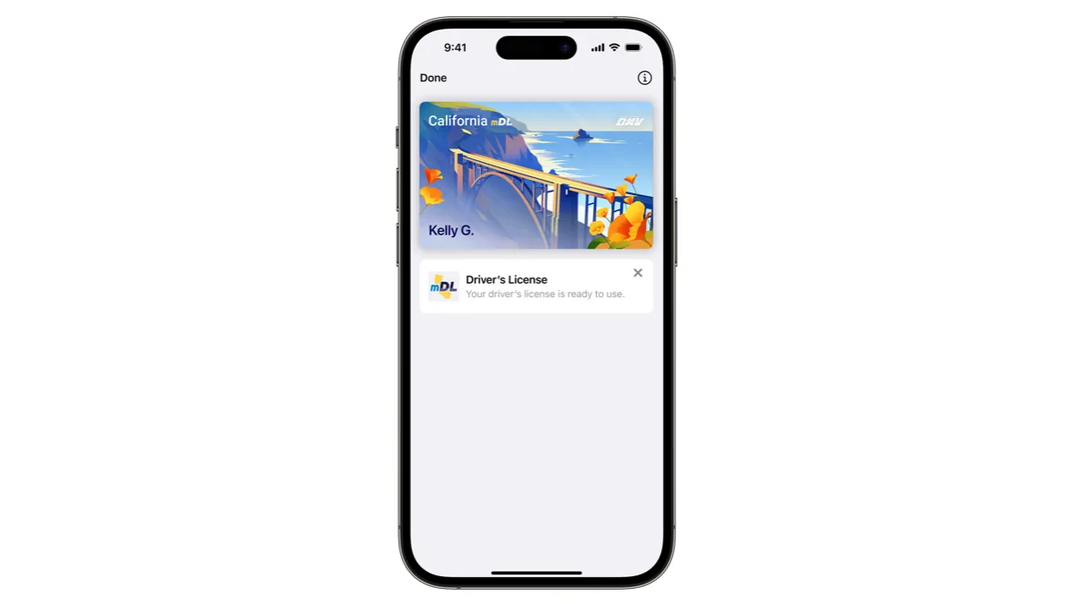 An iPhone showing a state driver's license card added to the Apple Wallet app