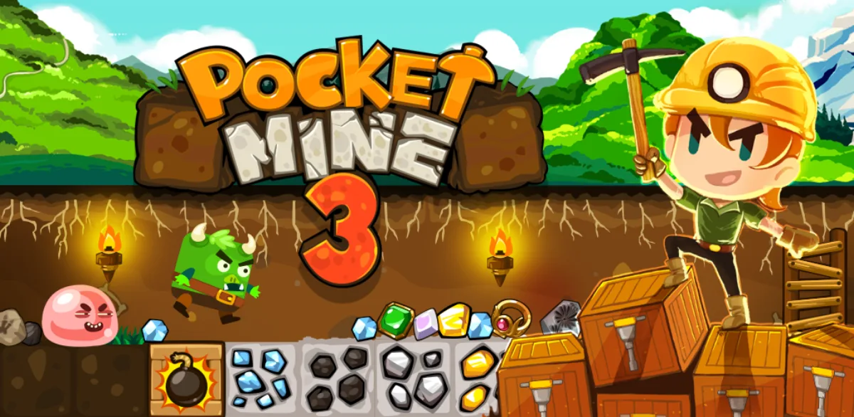 Pocket Mine 3 Play Store art, the best mining game for mobile in 2026 if you want to dig the blocks