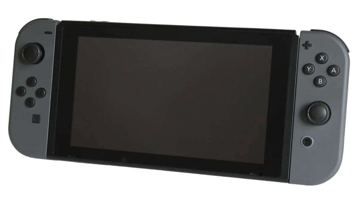 A grey Nintendo Switch console in handheld mode with both Joy-Con attached and the screen switched off