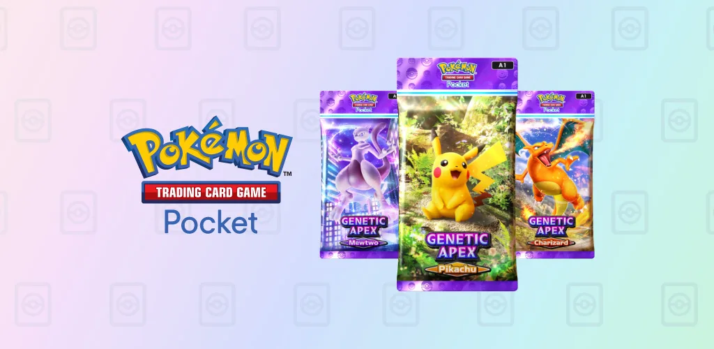 Pokémon TCG Pocket logo next to card packs featuring Mewtwo and Pikachu, the best free mobile game of 2026