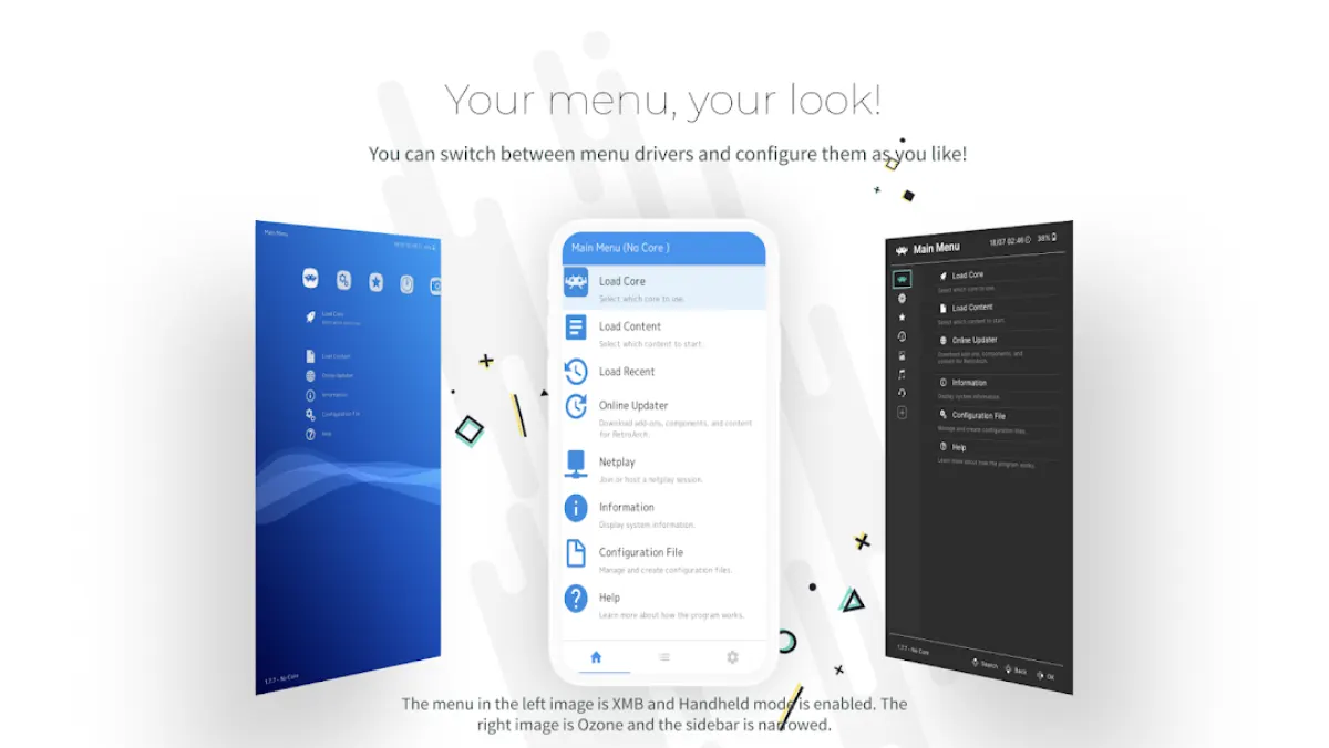 RetroArch Android official Play Store graphic showing three menu styles