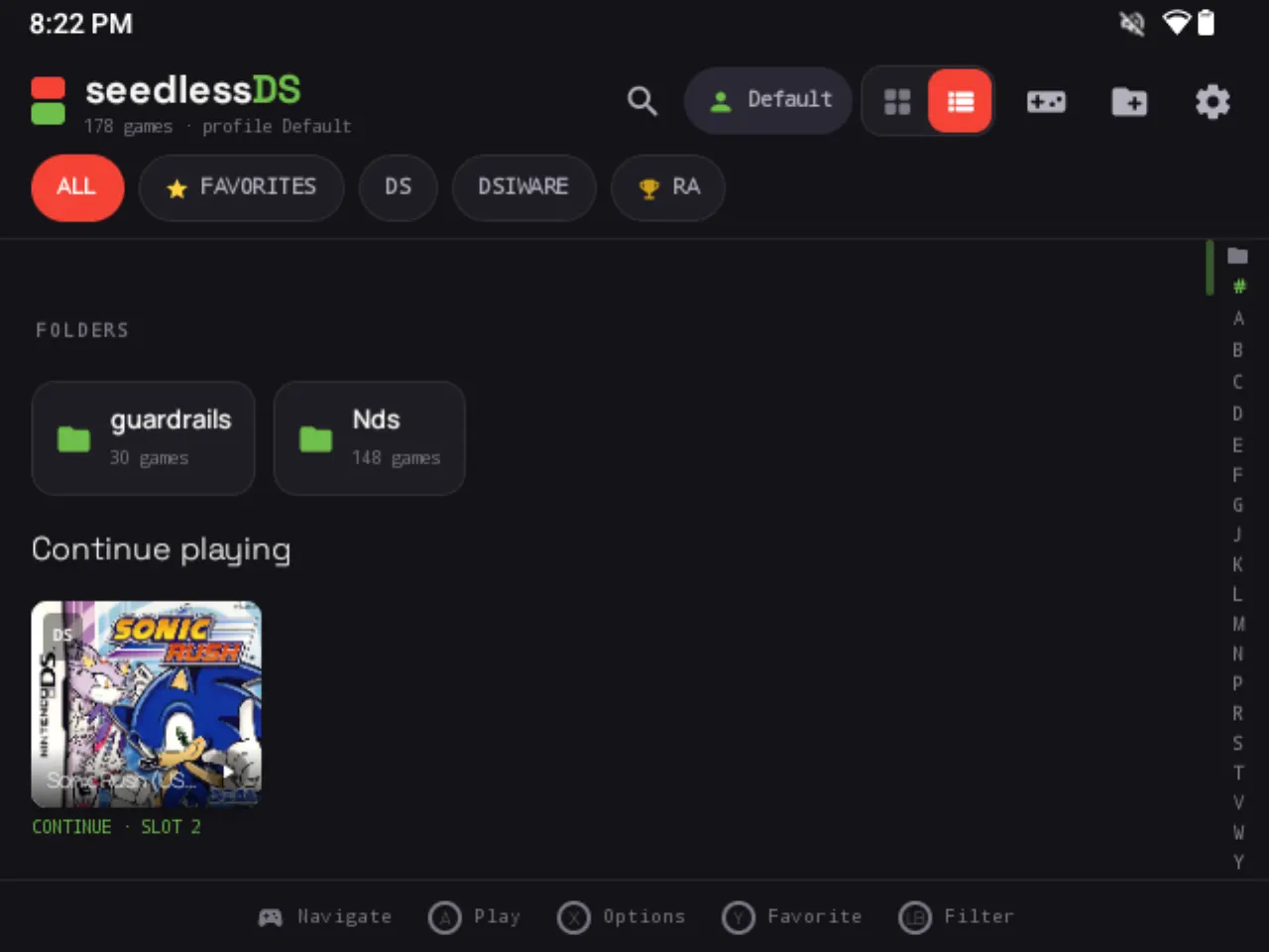 SeedlessDS Android library with folders, Continue playing, and controller hints