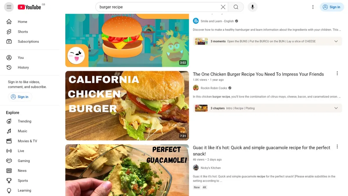 The YouTube web interface showing a page of video search results