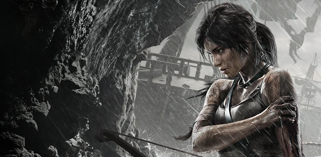 Lara Croft in Tomb Raider, cold and wet in a rainy cave, a console-style paid game on mobile