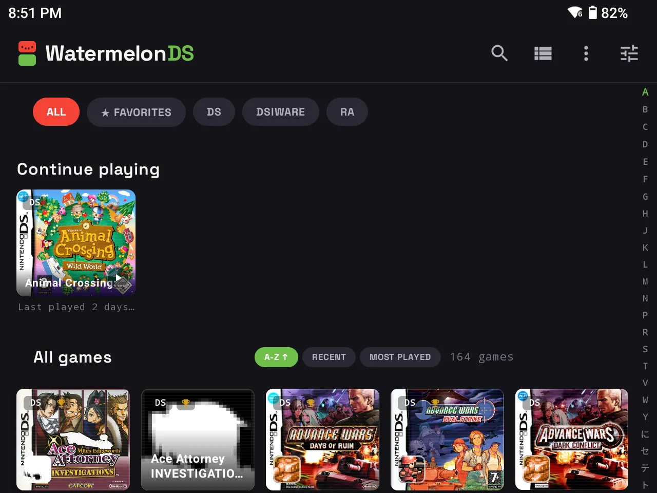 WatermelonDS Android library with Continue playing and DS game list