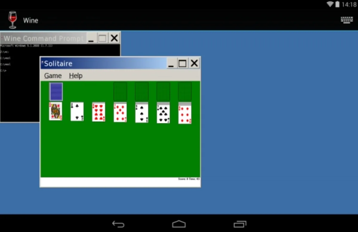 Wine running Solitaire on Android, the compatibility layer Winlator uses for Windows programs