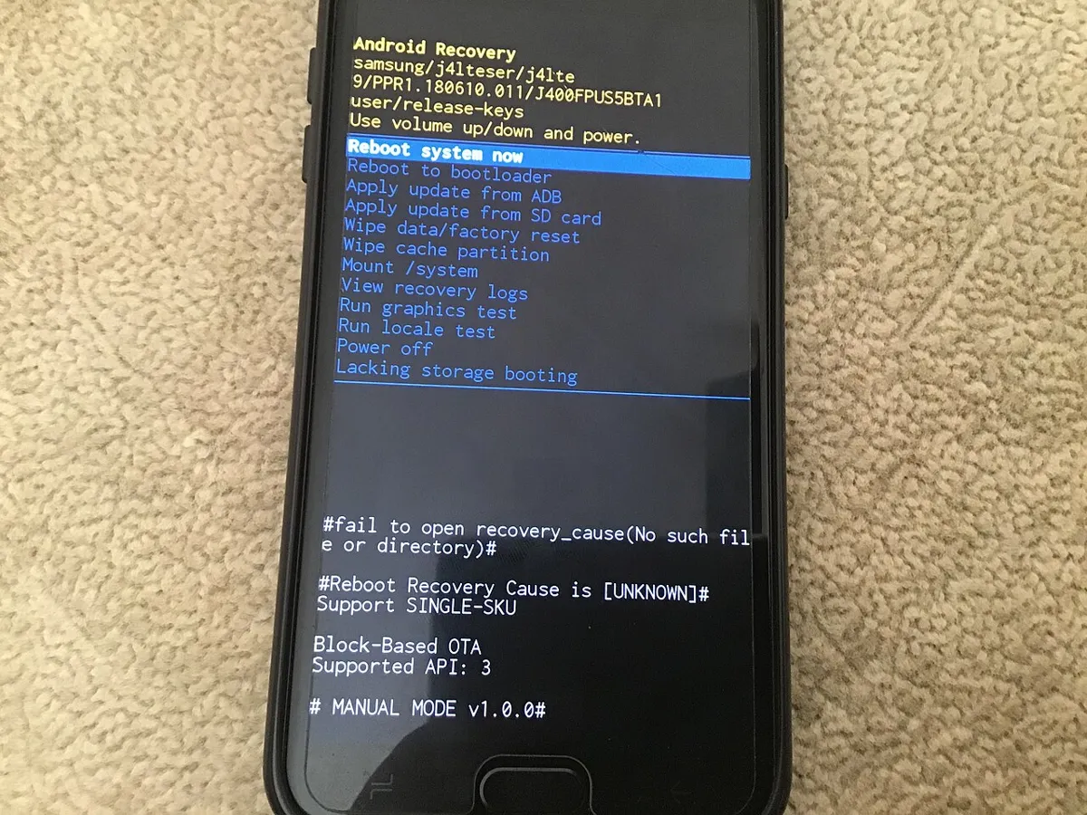 Android Recovery menu on a Samsung Galaxy phone with Reboot system now highlighted at the top of the list
