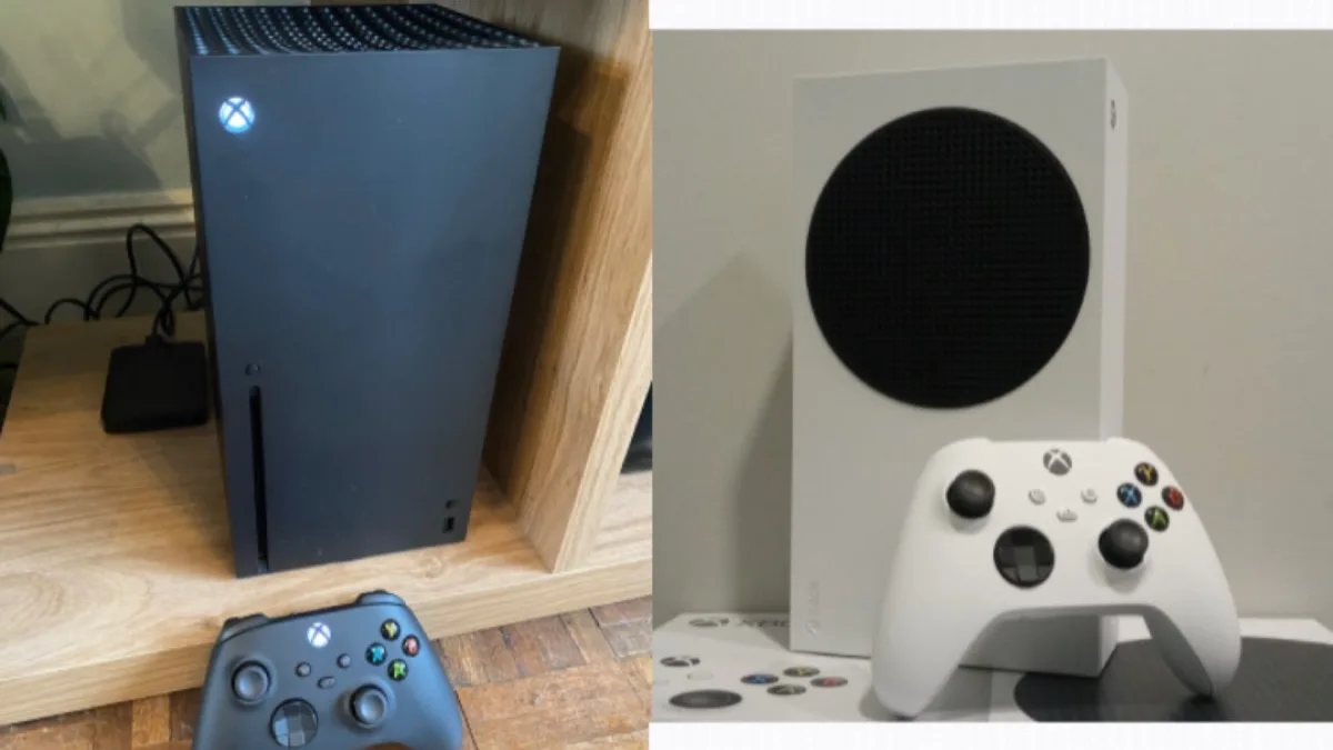 A black Xbox Series X with its controller on a wooden shelf, beside a white Xbox Series S with a white controller